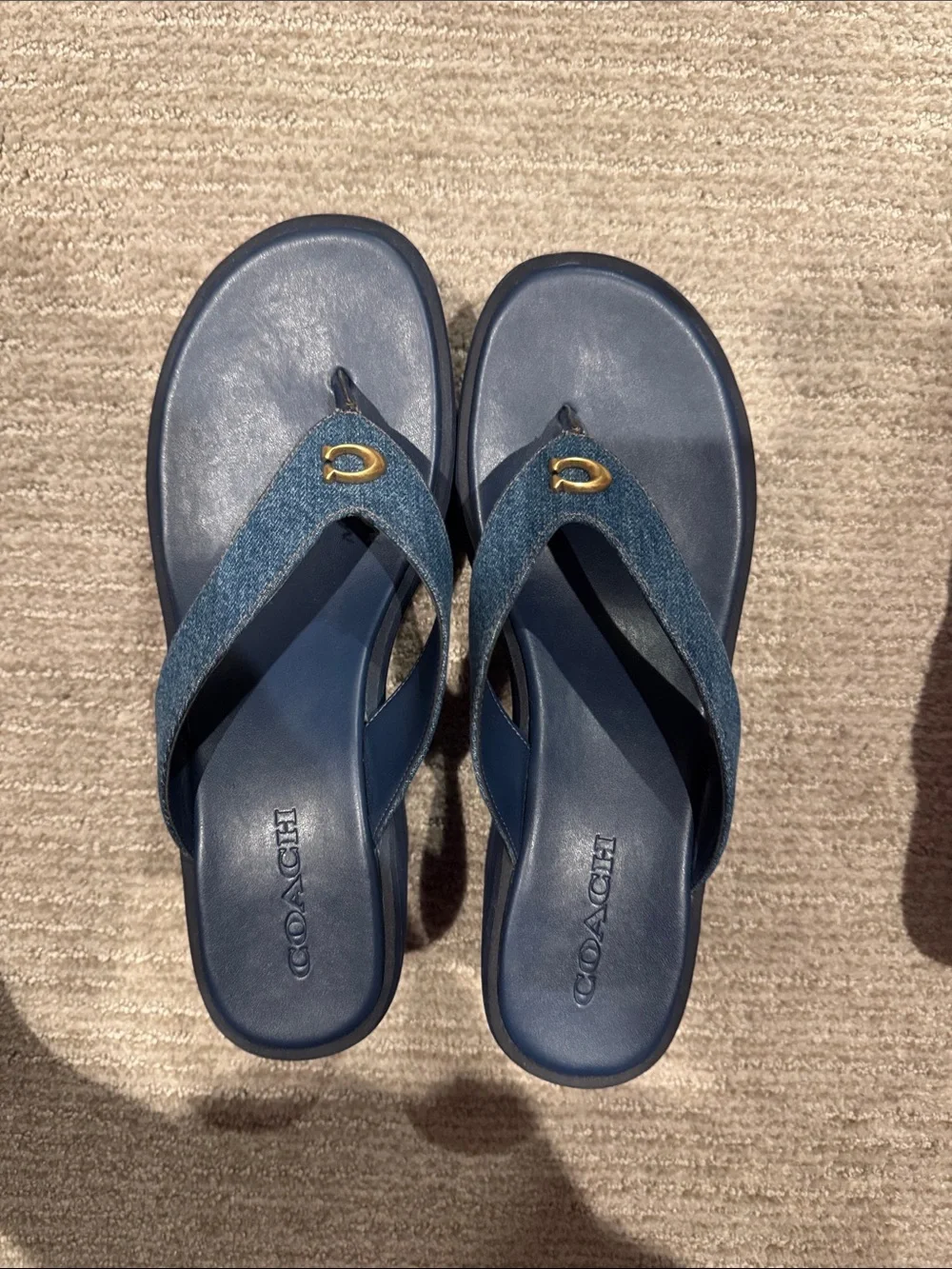 Coach Navy Platform Denim-Trim Wedge Flip Sandals with Gold Accent